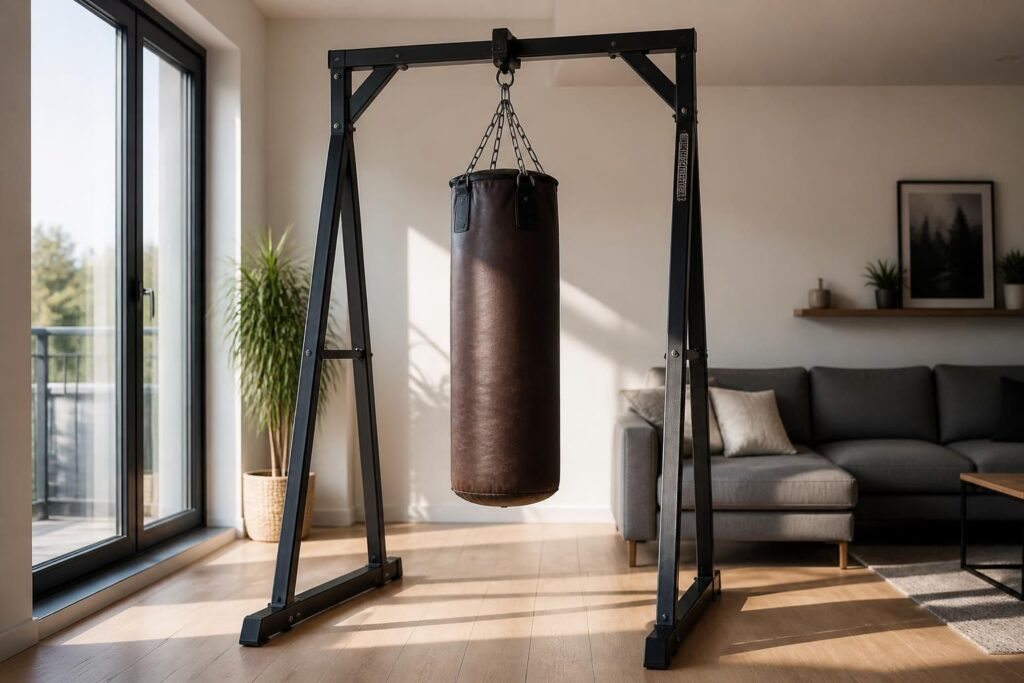 découvrez notre portique pour sac de frappe, la solution idéale lorsque vous ne pouvez pas percer les murs. facile à installer et stable, il transforme votre entraînement sans abîmer votre intérieur.